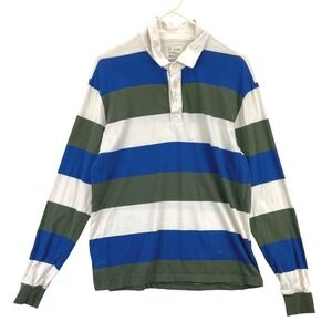 For Days Rugby Shirt Long Sleeve Mens M White Blue Green Striped Preppy Organic
